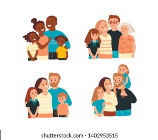 Family Portrait. Flat Design.Multicultural Set Of People.