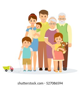 Family portrait in flat style.Smiling family with parents, children and grandparents.Isolated on white background.Vector illustration.