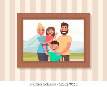 Family Portrait In A Frame On The Wall. Photo For Memory. Mom Dad And Children On The Background Of Nature. Vector Illustration In Cartoon Style