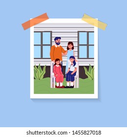 Family Portrait in Garden on Photo Cartoon Illustration