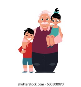 Family portrait, grandfather, grandpa standing with grandchildren, happy and smiling, cartoon vector illustration on white background. Grandfather, grandpa with grandchildren, happy family concept