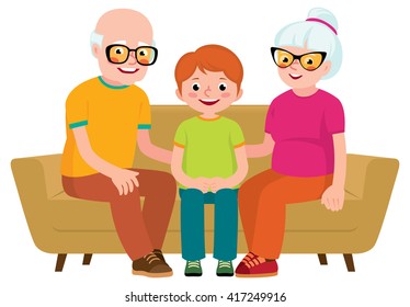 Family portrait of a grandmother, grandfather and grandson sitting together on a sofa Stock vector illustration