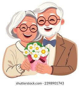 Retrato familiar de feliz pareja mayor con flores. Abuela y abuelo de vacaciones. Puede ser Día de San Valentín, cumpleaños, Año Nuevo, Navidad, día de la familia, aniversario, día de boda. Vector.