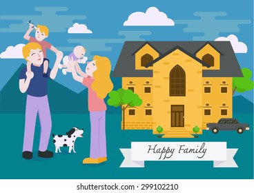 Family Portrait. Happy Family Gesturing With Cheerful Smile. Home Loan Banner Design.