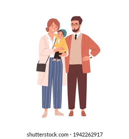 Family Portrait Of Happy Mother, Father And Baby. Parents Standing Together And Holding Child. Smiling Mom, Dad And Kid. Colored Flat Vector Illustration Isolated On White Background