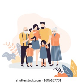 Family portrait. Happy parents with children. Grandparents, Mother,father and three kids. Cute huge family. Trendy style vector illustration