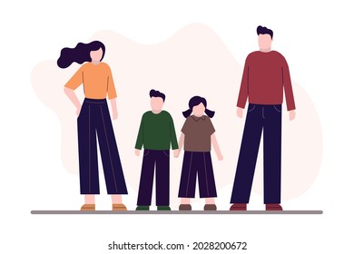 Family portrait. Happy parents with children. Four cute people standing. Cartoon mother, father and two kids. Happiness wife and husband with teens. Huge family. Trendy flat vector illustration