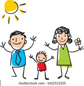 Family portrait - kids doodle art. Mother, father and child vector hand drawing. EPS. Set of three people in doodle style.