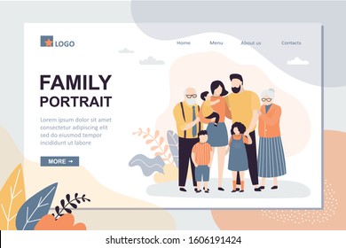 Family portrait landing page template. Happy parents with children. Grandparents, Mother,father and three kids. Cute huge family. Trendy style vector illustration