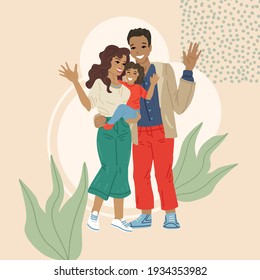 Family portrait. Mexican nationality, father and mother hug the child, daughter in her arms. Card concept for the holiday family day. Vector cartoon flat illustration