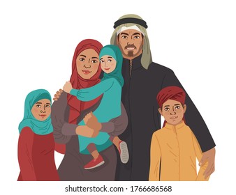 Family portrait. Middle Eastern Muslim People. Arab mother, father, son and little daughter. National Clothes. Vector Flat Illustration Simple Shapes.