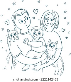 Family portrait - mom, dad, son and two cats. illustration hand drawn with lines