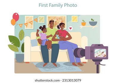 Family portrait. Mother, father and two kids taking a picture. Smiling couple with children in home interior. Flat vector illustration