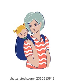 Retrato familiar con la madre y el niño pequeño en una cría para bebés. Concepto de paternidad. Ilustración plana de dibujos animados aislada en fondo blanco