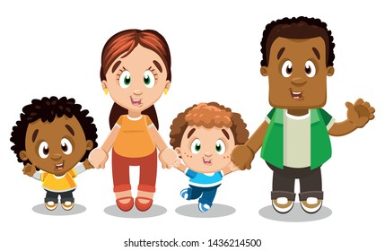 Family portrait of multiracial couple standing holding hands in line. Smiling mother, father and two sons pastime together. Happy parenthood concept. Vector cartoon isolated on white background.