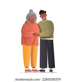 Retrato familiar de madre mayor e hijo adulto juntos. Un joven abraza y cuida a su anciana madre. El hijo ayuda a su padre mayor. Concepto de apoyo, protección para las personas de edad. Ilustración del vector