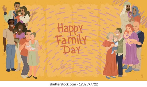 Family portrait, parents with children of different nationalities. Arab, African American, Mexican and European families. Vector illustration, design banner or poster with an inscription.