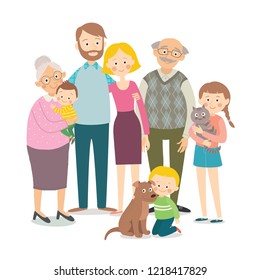 Family portrait - parents, children, grandparents, grandchildren hugging each other with their cat and dog. Cartoon vector illustration on white. Full length portrait of family members standing