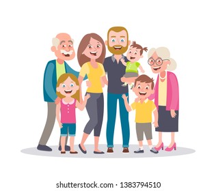 Family portrait. Parents, children and grandparents. Multi-generational family. Full lenght portrait of family members standing together. Vector illustration in cartoon style isolated on white.