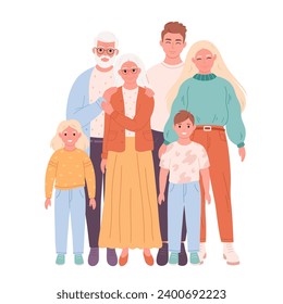 Family portrait. Parents, grandparents and children. World family day. Vector illustration in flat style