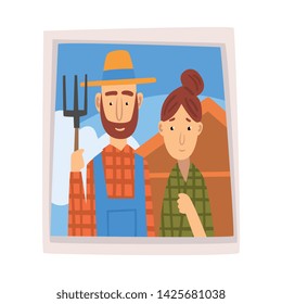 Family Portrait, Photo of Farmer and His Wife Vector Illustration
