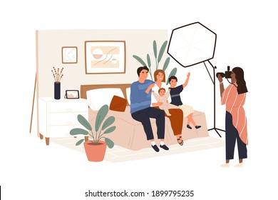 Family portrait photography backstage. Photographer shooting smiling couple with children in photo studio interior with professional light. Flat vector illustration isolated on white background