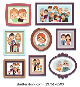 Family portrait photos. Pictures people photo frame happy characters relatives dynasty parents kids relationship, nostalgia framed photography flat vector template