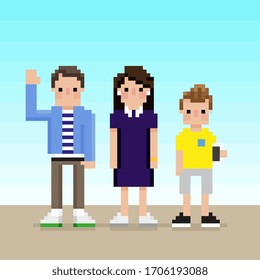 Family Portrait In Pixel Art Style With Dad Waving, Mum In Dress And Child Holding IPad