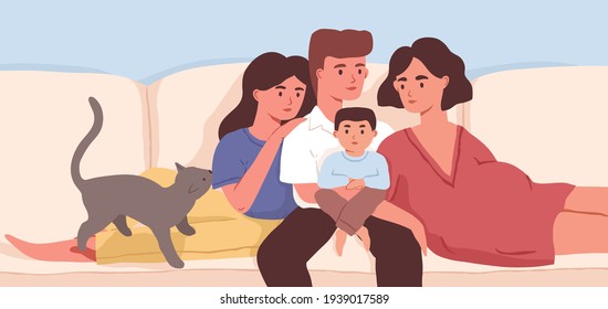 Family portrait of pregnant mother, father, children and cat. Parents, daughter, son and pet sitting on sofa at home. Colored flat vector illustration of happy dad, mom, brother and sister