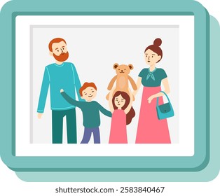 Family portrait representing parents and children standing together, with the daughter holding a teddy bear, symbolizing family unity, love, and childhood memories