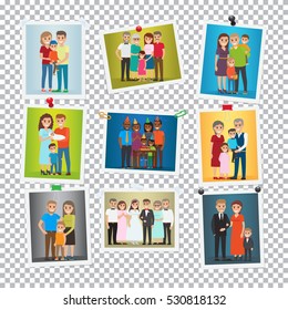 Family portrait set. Happy photos of family members. Close relationships concept. Best memories on pictures. Parenthood concept. Marriage, birthday, holiday. Several generations. Vector illustration