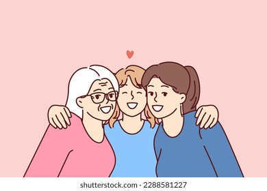 Family portrait of three female generations with teenage girl lovingly hugging mother and grandmother. Happy women of different generations spend time together enjoying family vacation