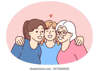 Family portrait of three female generations with teenage girl lovingly hugging mother and grandmother. Happy women of different generations spend time together enjoying family vacation