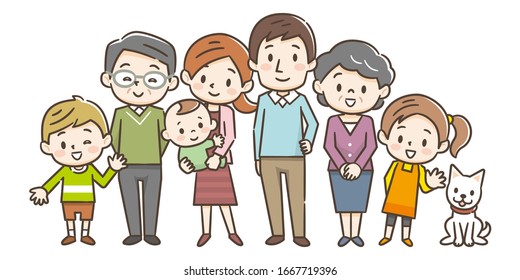 Family portrait of three generations parents children and grandchildren on white background stock vector illustration