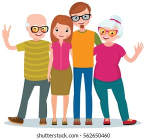 Family portrait of two generations of parents and adult children Stock Vector cartoon illustration