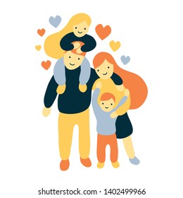 Family portrait vector illustration - Flat and bold simple style drawing of a four members happy family posing isolated on white background surrounded by colorful hearts 