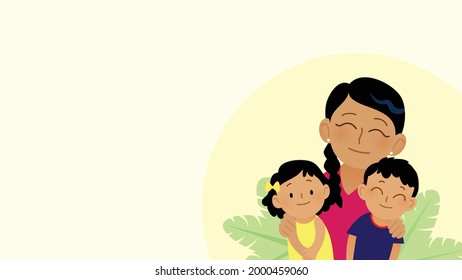 Family portrait vector illustration. Group of smiling characters with a mother and her children, a daughter and a son. Illustration for banner or card. 