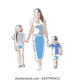 Family portrait, woman with kids together walking, line art, isolated vector illustration