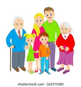 Family portrait.grandparents, parents and two children, illustration, vector