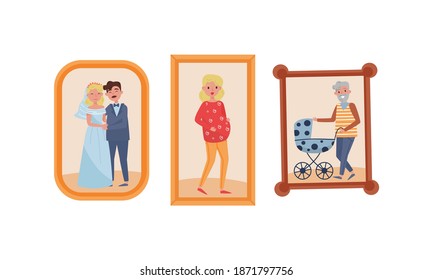 Family Portraits in Frames with Married Couple and Pregnant Woman Vector Set