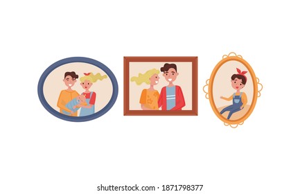 Family Portraits in Frames with Smiling Mother and Father with Their Kid Vector Set