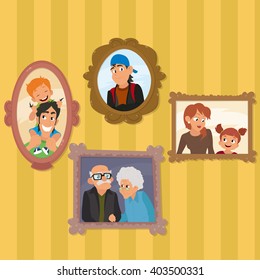  family portraits hanging on the wall in the living room. family portraits on a yellow background. vector illustration.