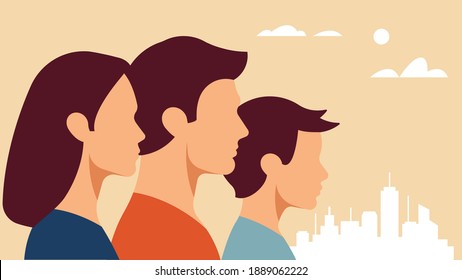 The Family - portraits of mom, dad and son. The silhouette of the profile. Minimalistic style vector template, design element.