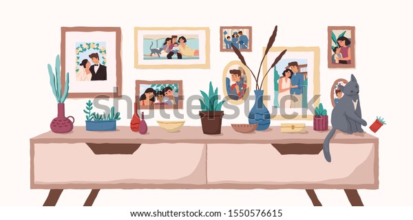 Family\
portraits on wall flat vector illustration. Important events\
memorable photographs in home interior. Life moments captured on\
pictures. Family values, happy memories\
concept.