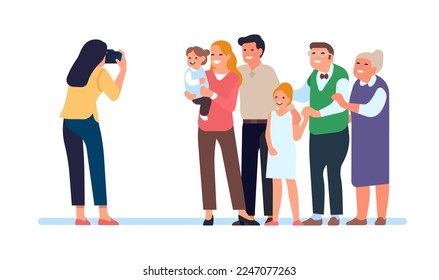 Family poses for group photo. Parents and children portrait. People standing together. Mother and father with kids and grandmother. Photographer with camera doing