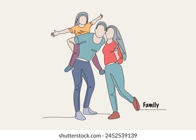 Family posing for photos. Colored. Family concept one-line drawing