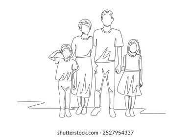 Família posando para fotos. Desenho de uma linha do conceito de retrato de família