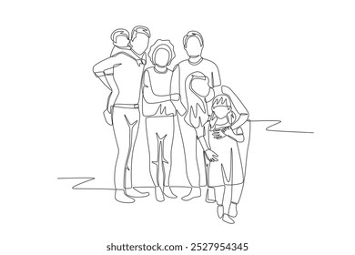 Família posando para fotos. Desenho de uma linha do conceito de retrato de família