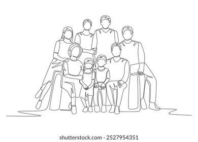 Família posando para fotos. Desenho de uma linha do conceito de retrato de família