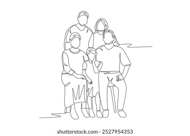 Família posando para fotos. Desenho de uma linha do conceito de retrato de família